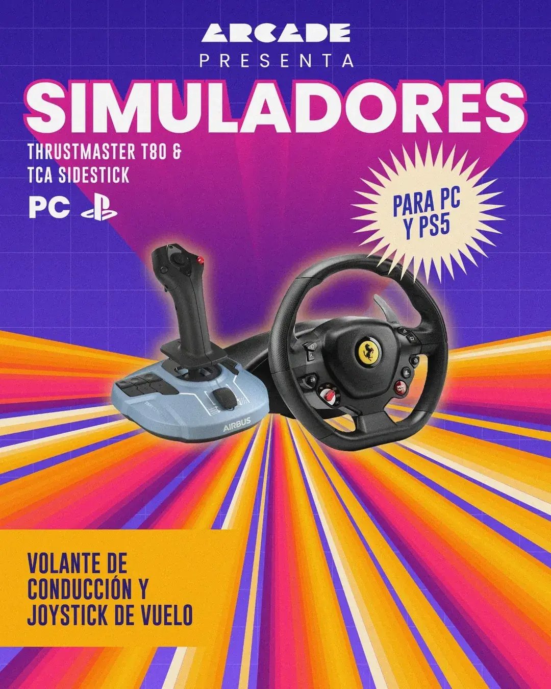 ¡Nuevos accesorios en Arcade!  ¡La experiencia gamer sube de nivel!   Ya puedes probar en Arcade nuestros nuevos accesorios de simulación-  Thrustmaster T80 RW Ferrari GTB – Vive la adrenalina del simracing con su volante y pedales in